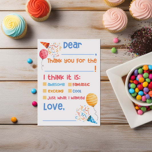 Cheerful Balloons and Hats Fill-In Thank You Cards for Children