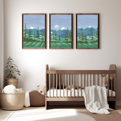 Moonlit Mountains and Trees Nursery Art Prints, Woodland Scene