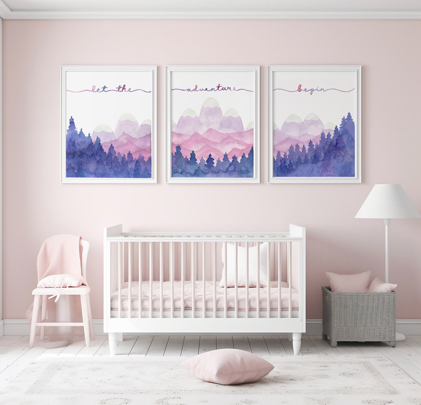 Let the Adventure Begin, Watercolor Paintings, Nursery Art Prints, Pink and Purple Room