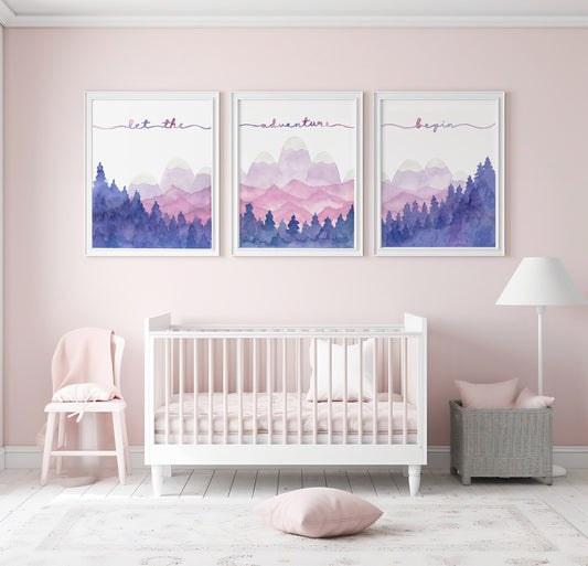 Let the Adventure Begin, Watercolor Paintings, Nursery Art Prints, Pink and Purple Room