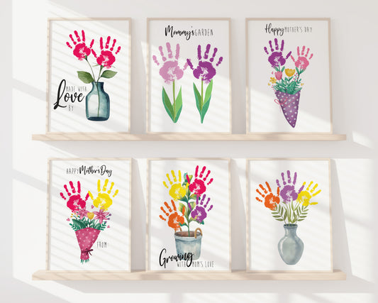 Mother’s Day Handprint Flower Keepsake Printable Bundle (6 Designs) + Coloring Pages, Gift for Mom Grandma, Baby Toddler Craft, Instant Download