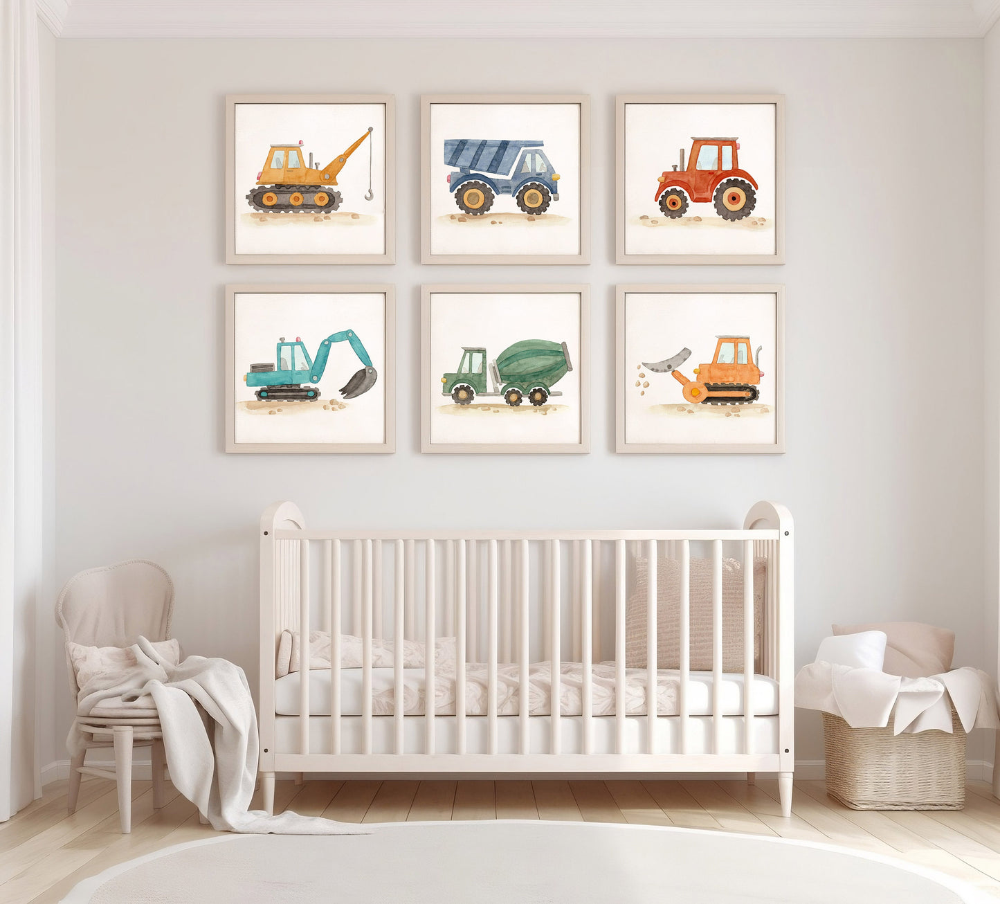 Set of 6 Construction Truck Nursery Art, Watercolor Prints, Boy's Room Decor