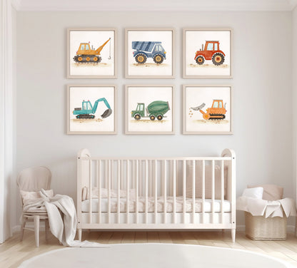 Set of 6 Construction Truck Nursery Art, Watercolor Prints, Boy's Room Decor