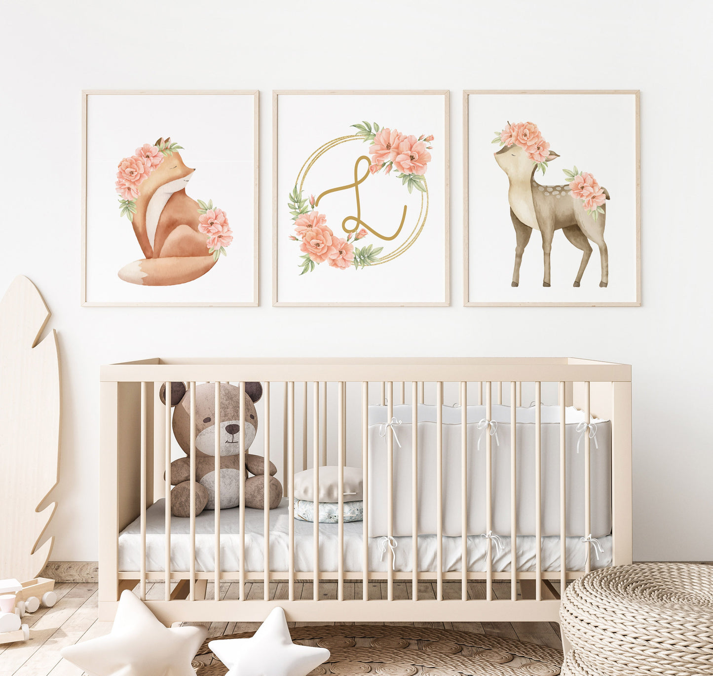 Personalized Nursery Art Prints - Deer and Fox with Floral Monogram Frame - Set of 3