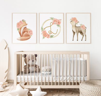 Personalized Nursery Art Prints - Deer and Fox with Floral Monogram Frame - Set of 3