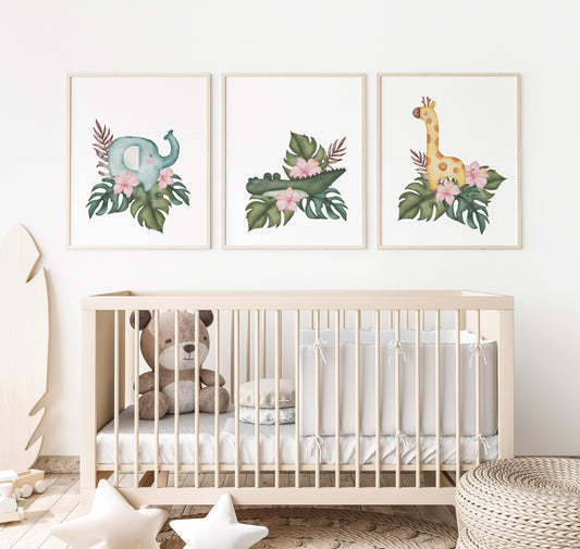 Jungle Animals and Hibiscus Flowers Nursery Art Prints
