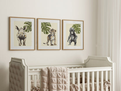 Baby Safari Animals Nursery Art Prints, Wood Cut Style