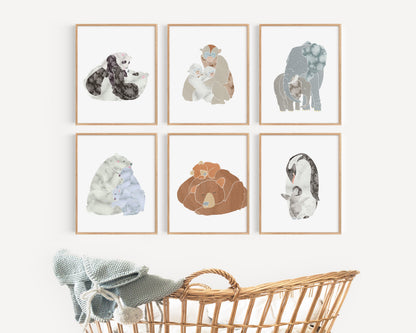 Mother and Baby Animals Art Prints, Nursery Decor, Set of 6
