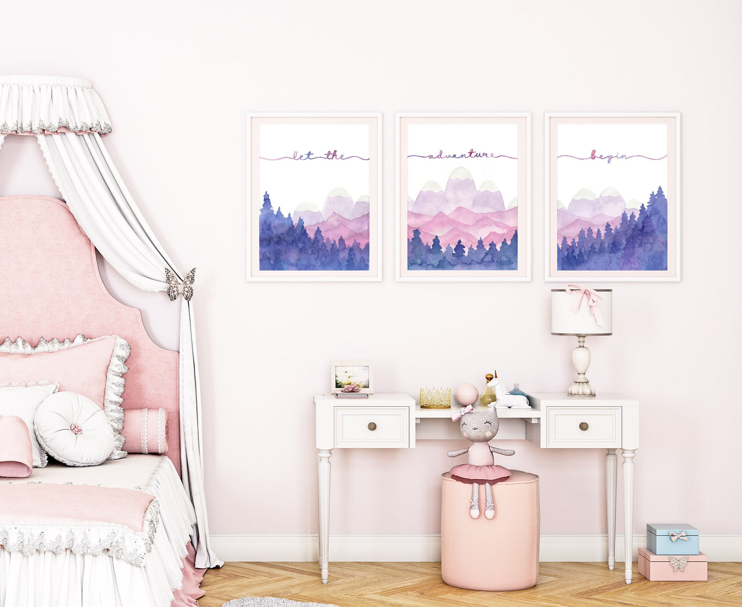Let the Adventure Begin, Watercolor Paintings, Nursery Art Prints, Pink and Purple Room