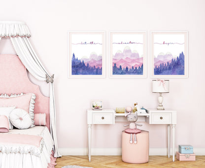 Let the Adventure Begin, Watercolor Paintings, Nursery Art Prints, Pink and Purple Room