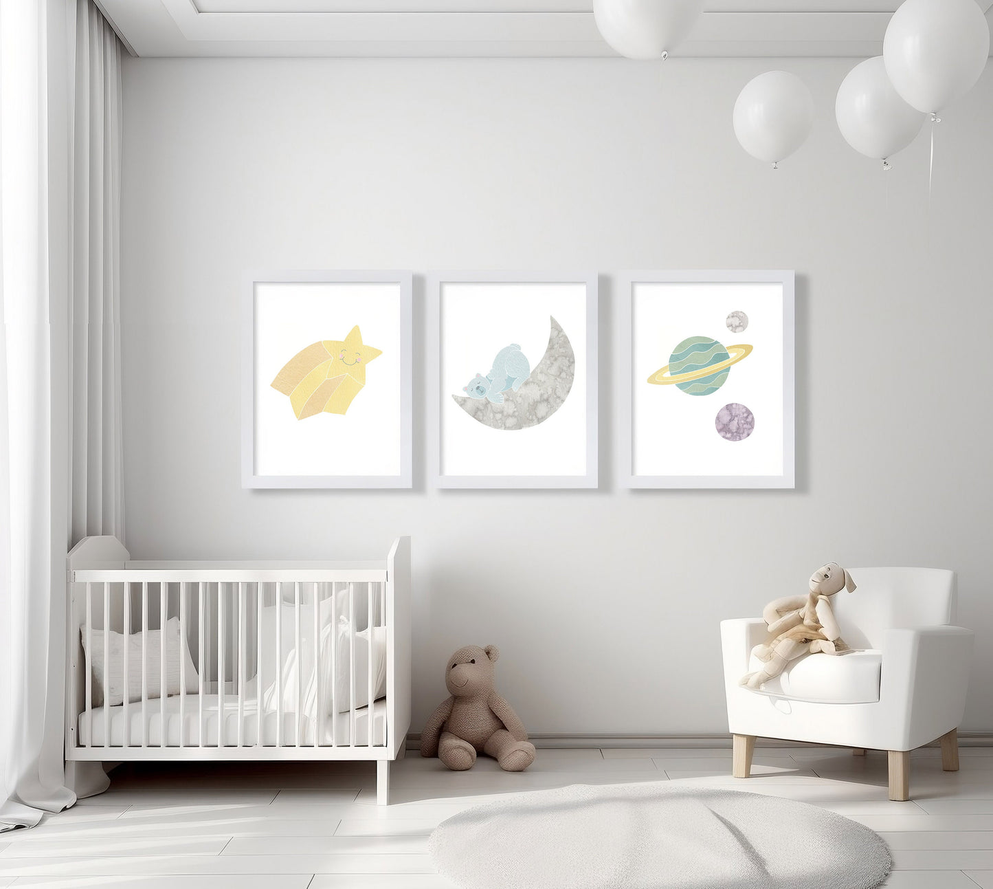 Moon and Stars Nursery Art Prints, Polar Bear Celestial Watercolor (Set of 4)