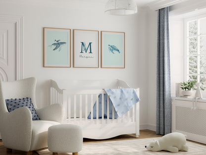 Custom Monogram Nursery Artwork, Watercolor Sea Life Whales and Sea Turtle