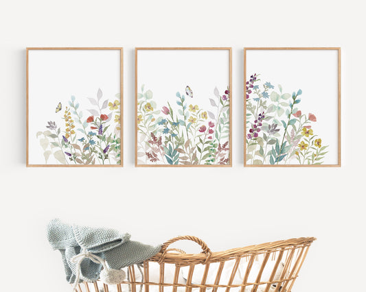 Watercolor Wildflowers Set of 3 Nursery Prints, Boho Nursery, Botanical Art