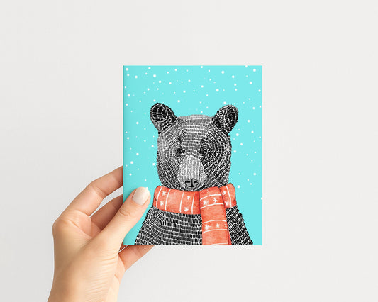Modern Black and White Bear with Red Scarf – Set of A2 Blank Notecards