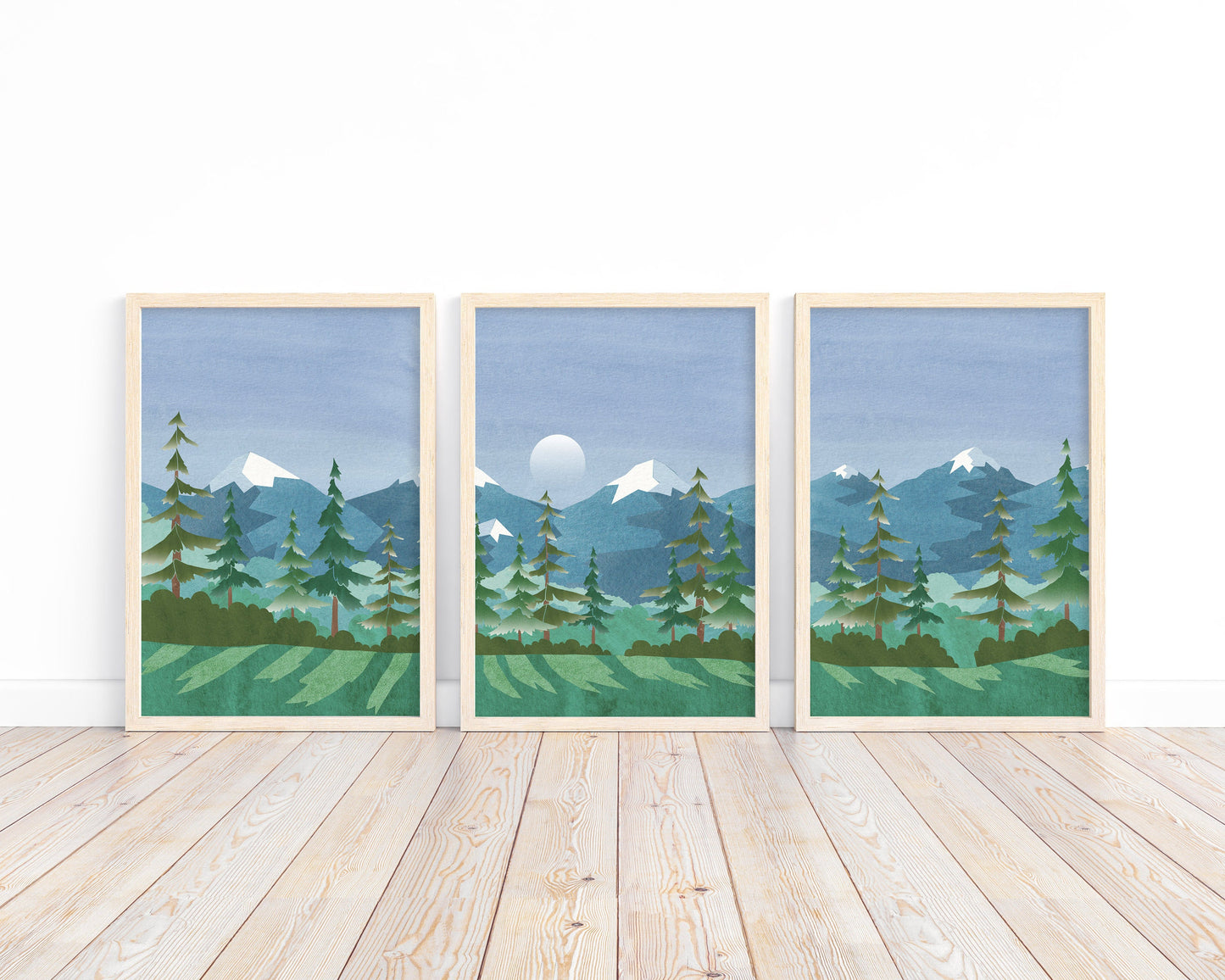 Moonlit Mountains and Trees Nursery Art Prints, Woodland Scene