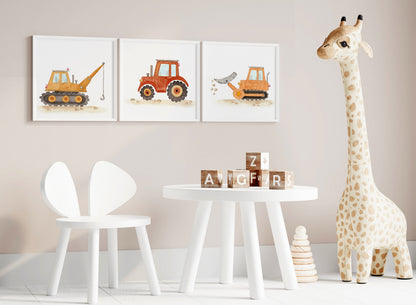 Set of 6 Construction Truck Nursery Art, Watercolor Prints, Boy's Room Decor