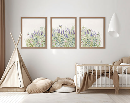 Field of Lavender Flowers, Watercolor Set of Prints, Nursery Wall Art