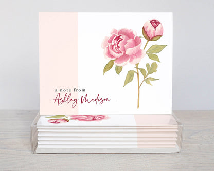 Personalized Note Cards, Watercolor Peony, Monogram Stationary