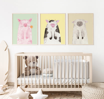 Choose 3 Watercolor Animal Prints, Nursery Decor, Farm Animals