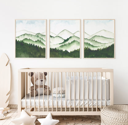 Green Mountain and Forest Fine Art Watercolor Prints for the Nursery and Child's Room
