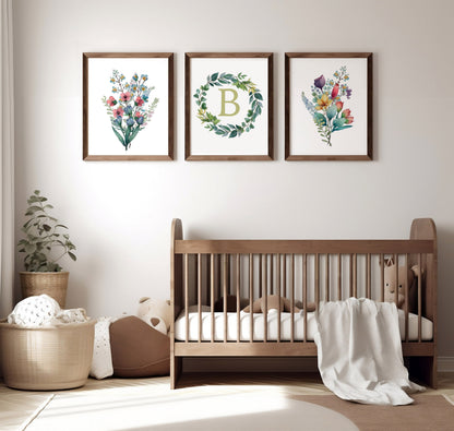 Personalized Botanical Bouquet Art Prints, Wildflower Nursery Theme