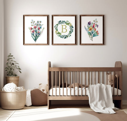 Personalized Botanical Bouquet Art Prints, Wildflower Nursery Theme