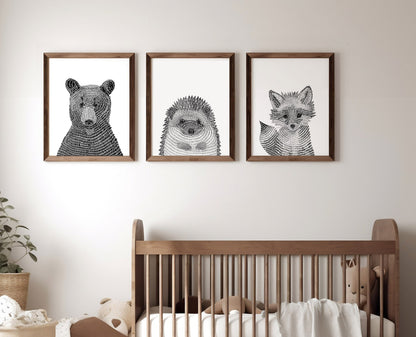 Modern Black and White Woodland Animals Nursery and Childs Room Fine Art Prints