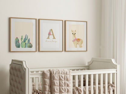 Personalized Monogram Initial Nursery Art, Llama and Cactus, Boho Nursery