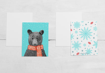 Modern Black and White Bear with Red Scarf – Set of A2 Blank Notecards