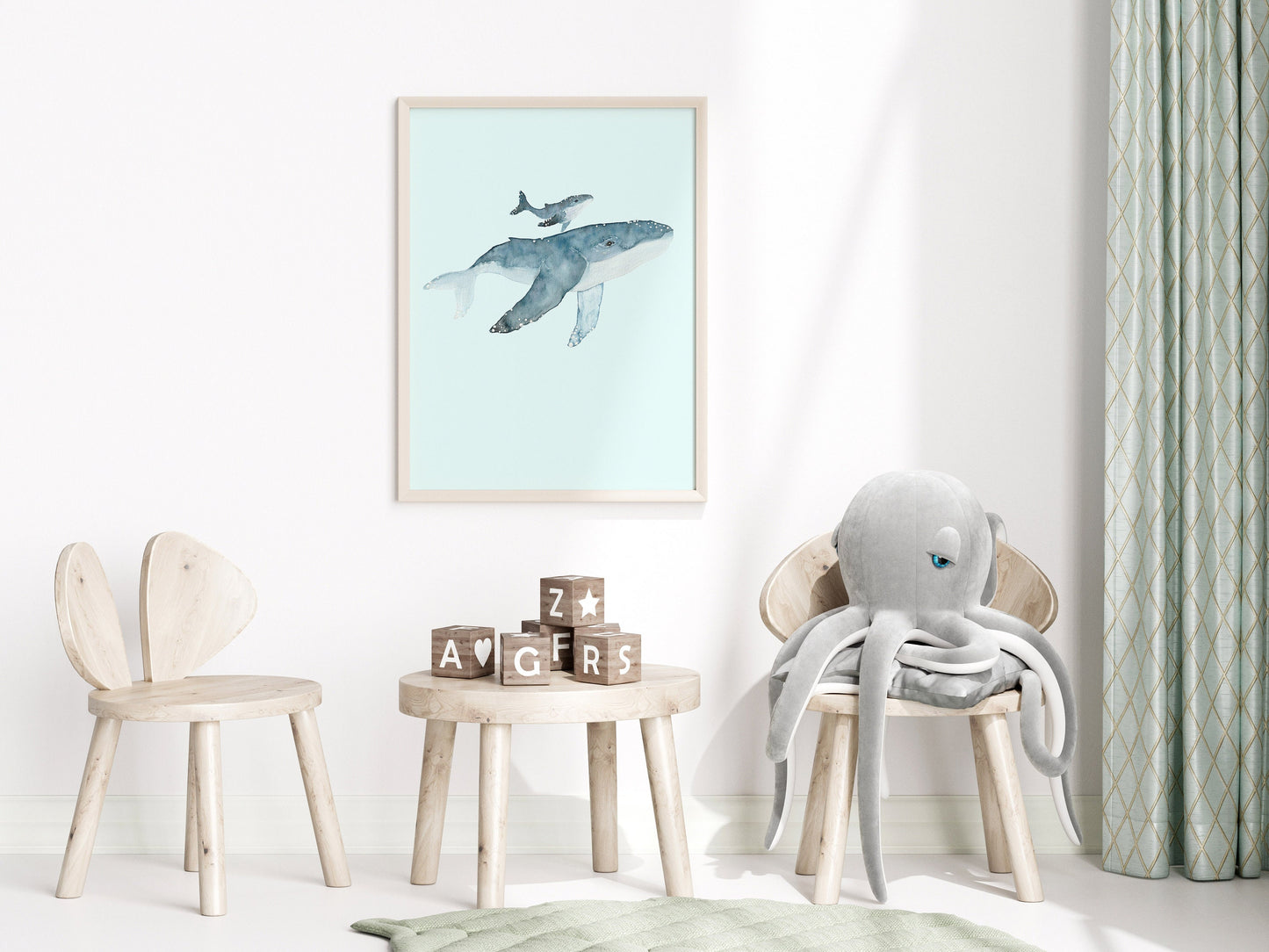 Custom Monogram Nursery Artwork, Watercolor Sea Life Whales and Sea Turtle
