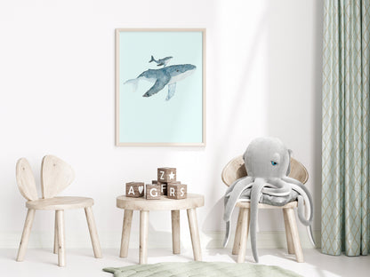 Custom Monogram Nursery Artwork, Watercolor Sea Life Whales and Sea Turtle
