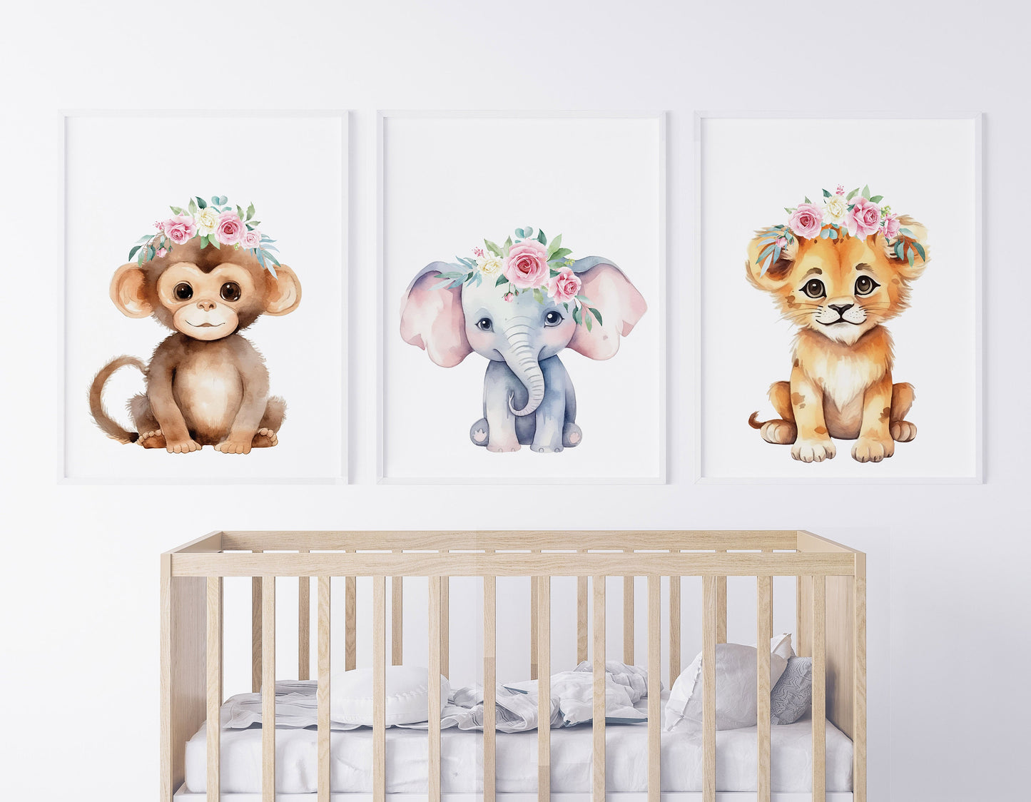 Cutest Baby Jungle Animals with Flowers, Nursery Art, Baby Girl's Room