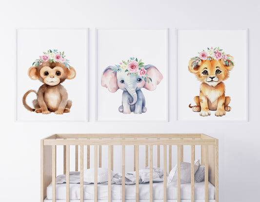 Cutest Baby Jungle Animals with Flowers, Nursery Art, Baby Girl's Room