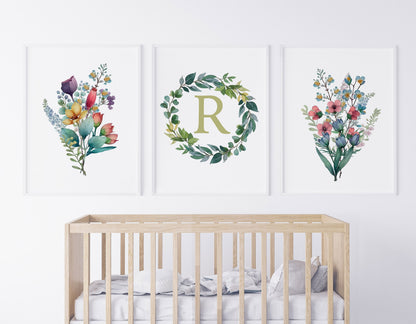 Personalized Botanical Bouquet Art Prints, Wildflower Nursery Theme