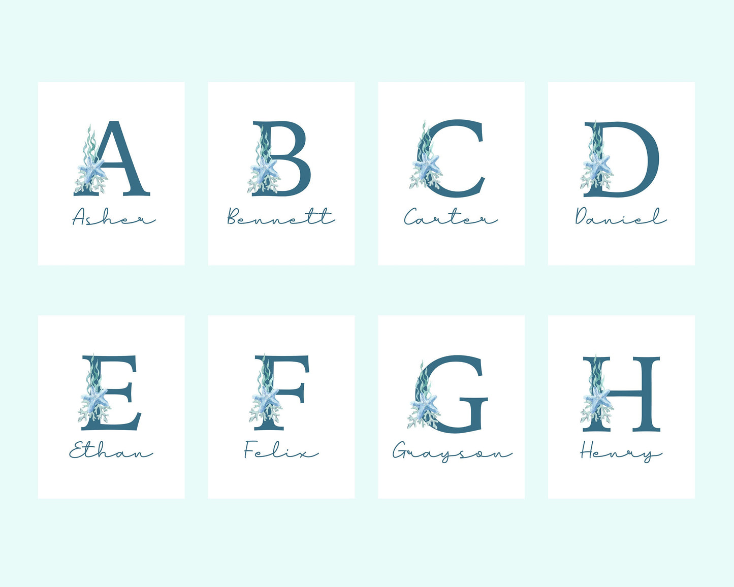 Custom Monogram Nursery Artwork, Watercolor Sea Life Whales and Sea Turtle