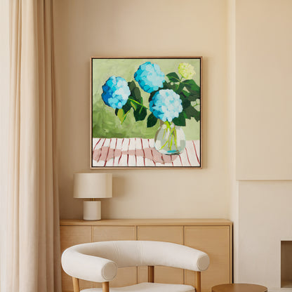 Blue Hydrangeas on Striped Cloth Fine Art Print
