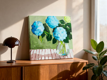 Blue Hydrangeas on Striped Cloth Fine Art Print