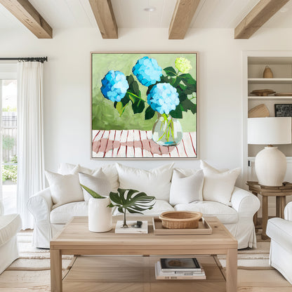 Blue Hydrangeas on Striped Cloth Fine Art Print