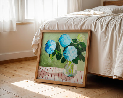 Blue Hydrangeas on Striped Cloth Fine Art Print