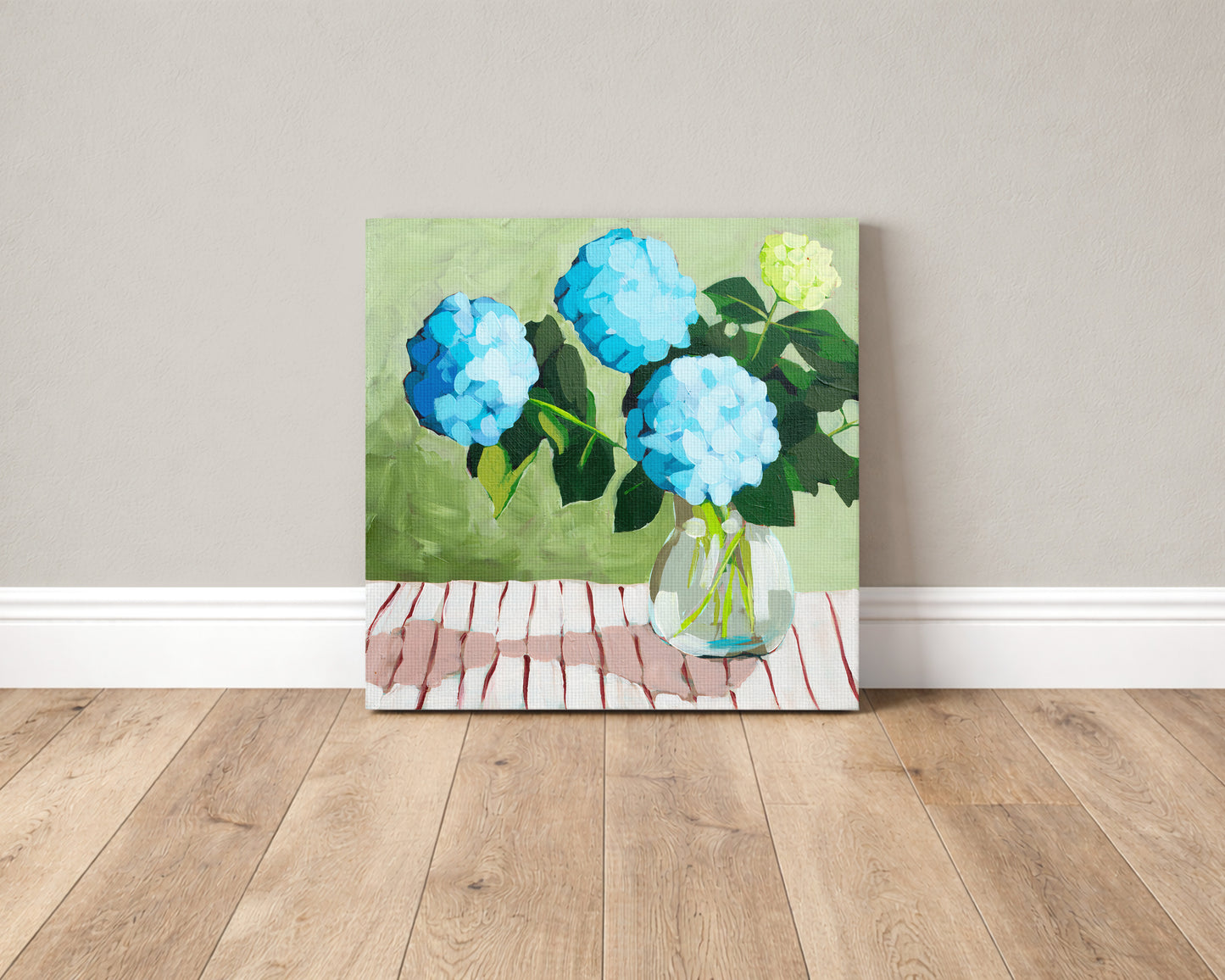 Blue Hydrangeas on Striped Cloth Fine Art Print