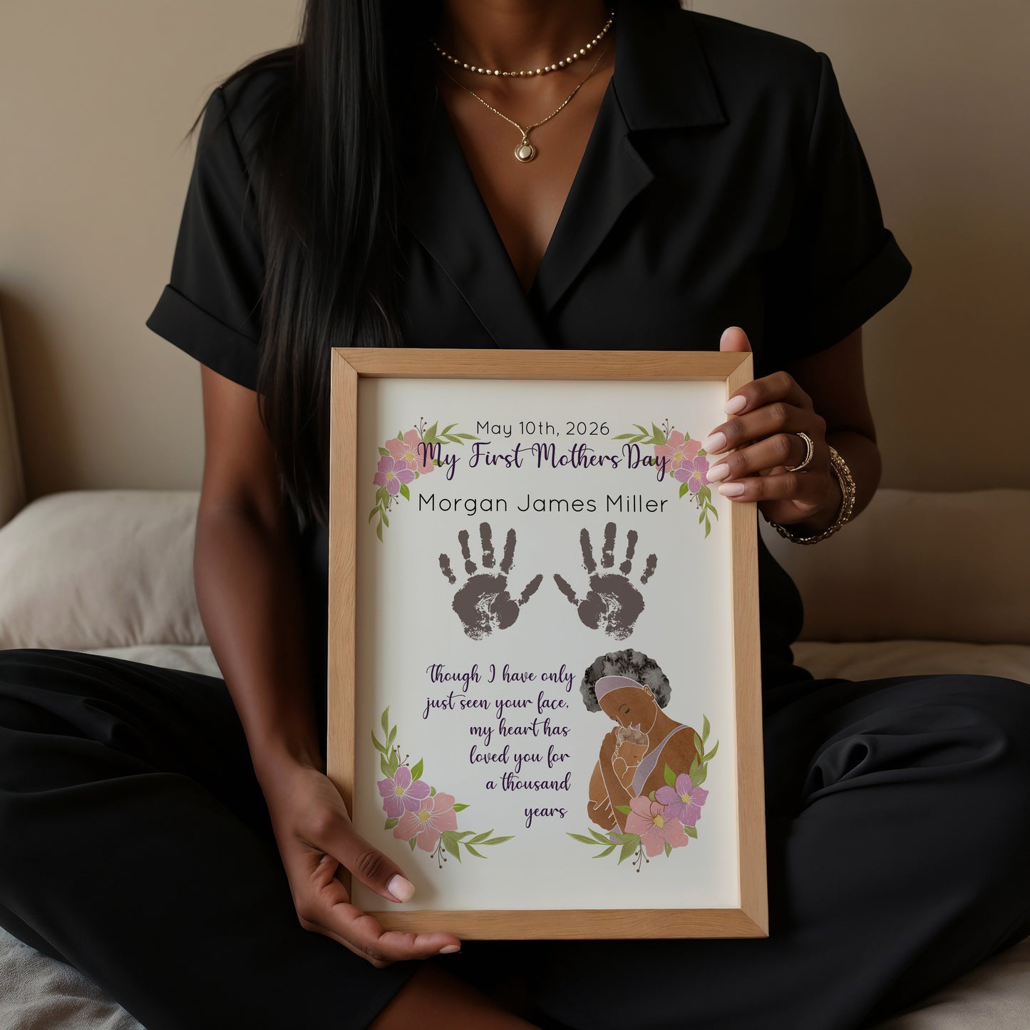 First Mother's Day Handprint Art, New Baby Keepsake, Personalized Name and Skin Color
