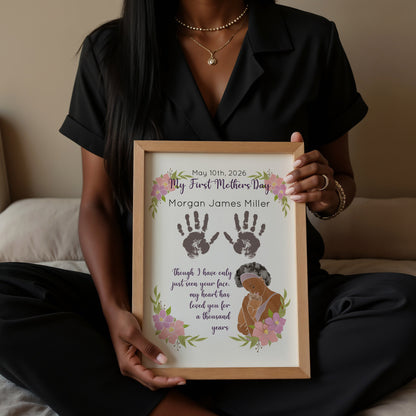 First Mother's Day Handprint Art, New Baby Keepsake, Personalized Name and Skin Color