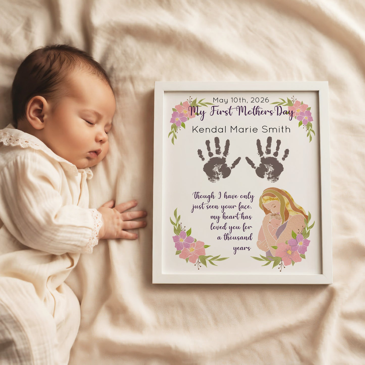 First Mother's Day Handprint Art, New Baby Keepsake, Personalized Name and Skin Color