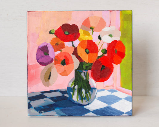 "Poppies on Checked Tile"