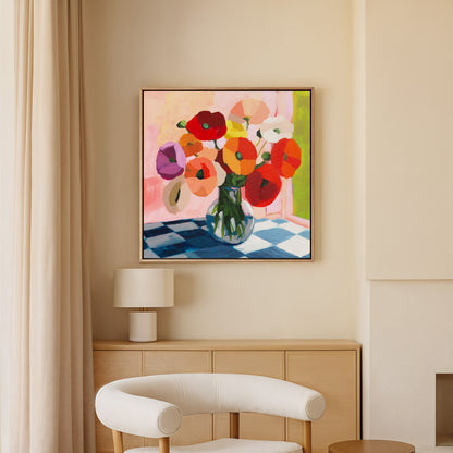 Poppies on Checked Tile Fine Art Print