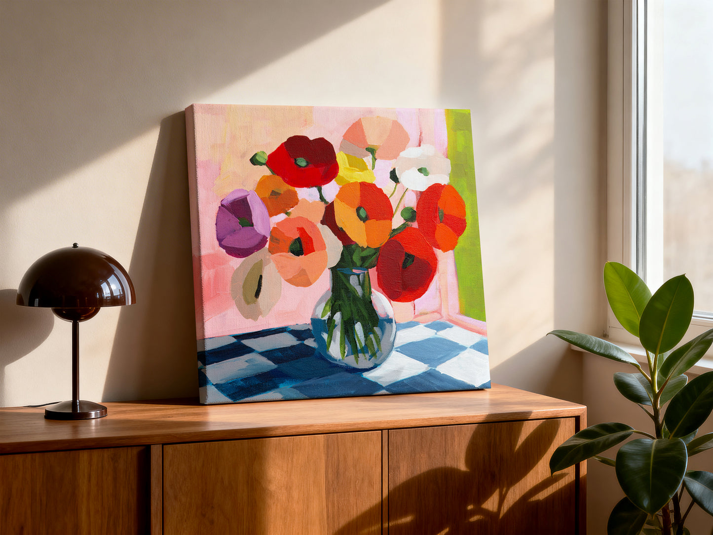 Poppies on Checked Tile Fine Art Print