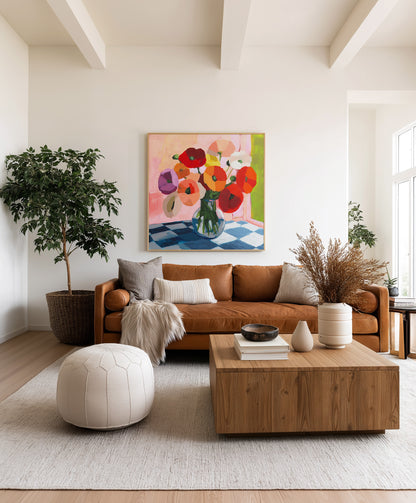 Poppies on Checked Tile Fine Art Print