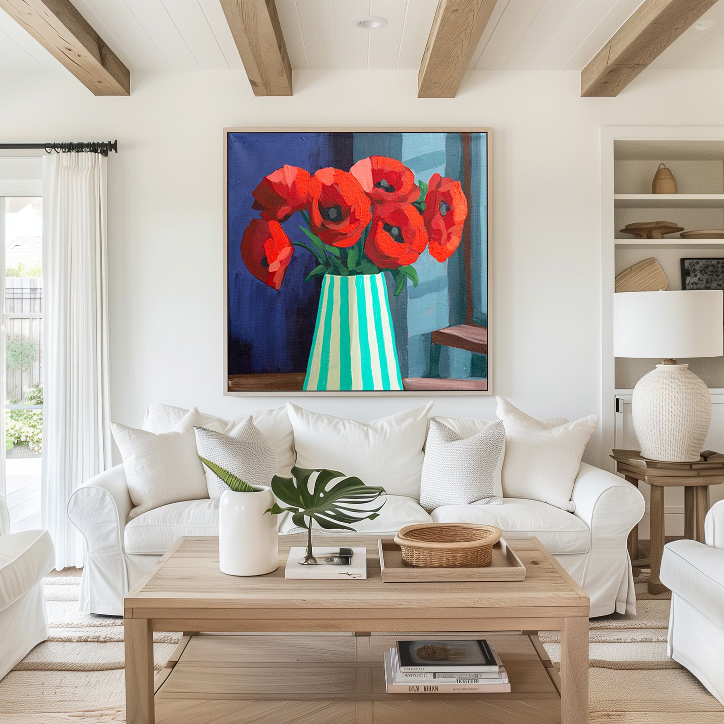 Red Poppies in Striped Vase Fine Art Print