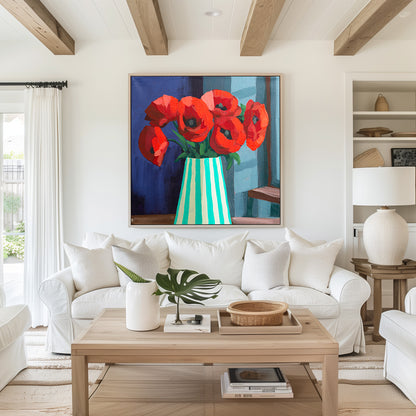 Red Poppies in Striped Vase Fine Art Print
