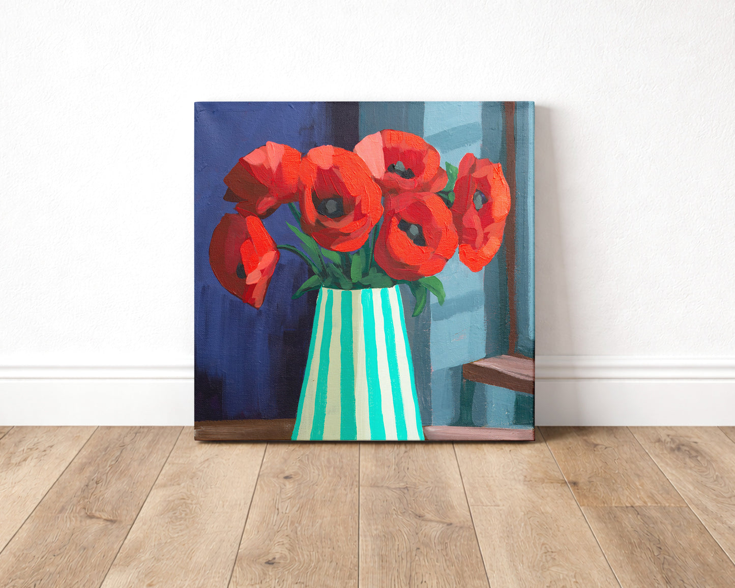 Painting of red flowers in a striped vase on a wooden floor.
